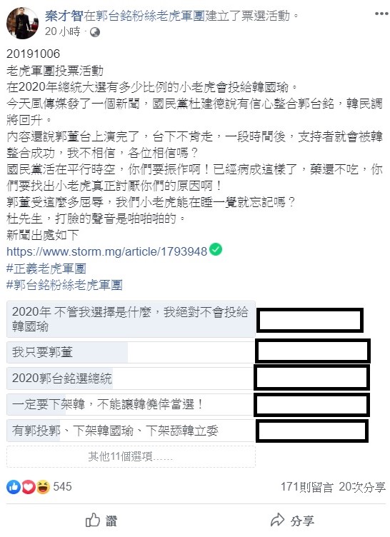 郭台銘粉絲老虎軍團的團長秦才智日前在團內創立投票，由「2020不管我選擇是什麼，絕對不會投給韓國瑜」拿下第一名，打臉杜建德的言論。 圖：翻攝自郭台銘粉絲老虎軍團
