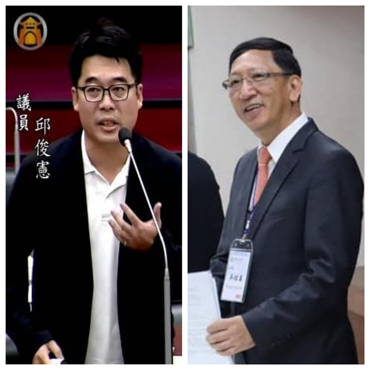 高雄市議員邱俊憲（左）對於「校園雙機」政策的經費編排相當質疑，但教育局長吳榕峯（右）答詢時卻表示，如果市長韓國瑜到中央，兩年就可以裝完，中央可以撥錢啊！ 圖：新頭殼製作