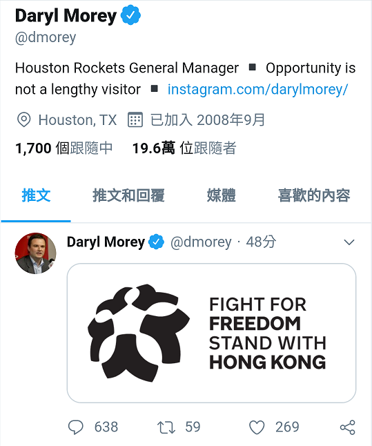 NBA休士頓火箭隊總經理摩瑞（Daryl Morey）日前於推特發表力挺香港的言論。 圖：擷取自Daryl Morey推特
