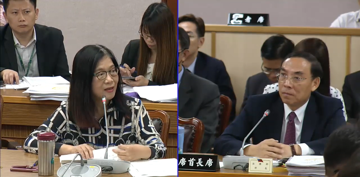 民進黨立委管碧玲今（7）日質詢法務部長蔡清祥時，列出統促黨成立以來多起有系統的暴力討債及針對統獨議題特定對象的暴力行為，籲檢調機關應就明顯例證、並以政黨掩護黑道組織之行為，向法院力陳應視之為組織犯罪。 圖：擷自管碧玲辦公室提供影片