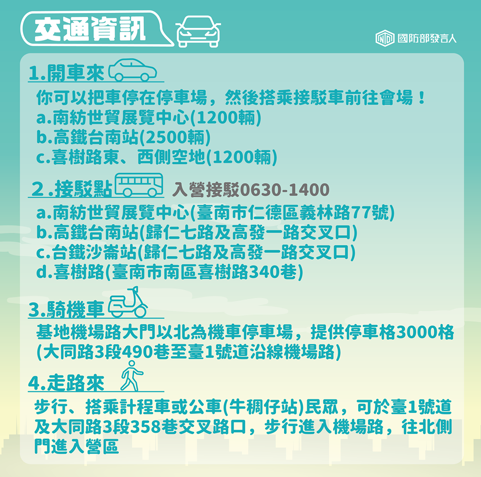 本月19日空軍台南基地營區開放，軍方設置停車場、接駁車相關資訊。 圖：翻攝國防部發言人臉書