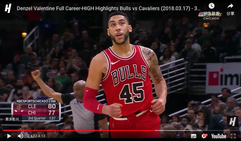 公牛Denzel Valentine。 圖／翻攝自YOUTUBE