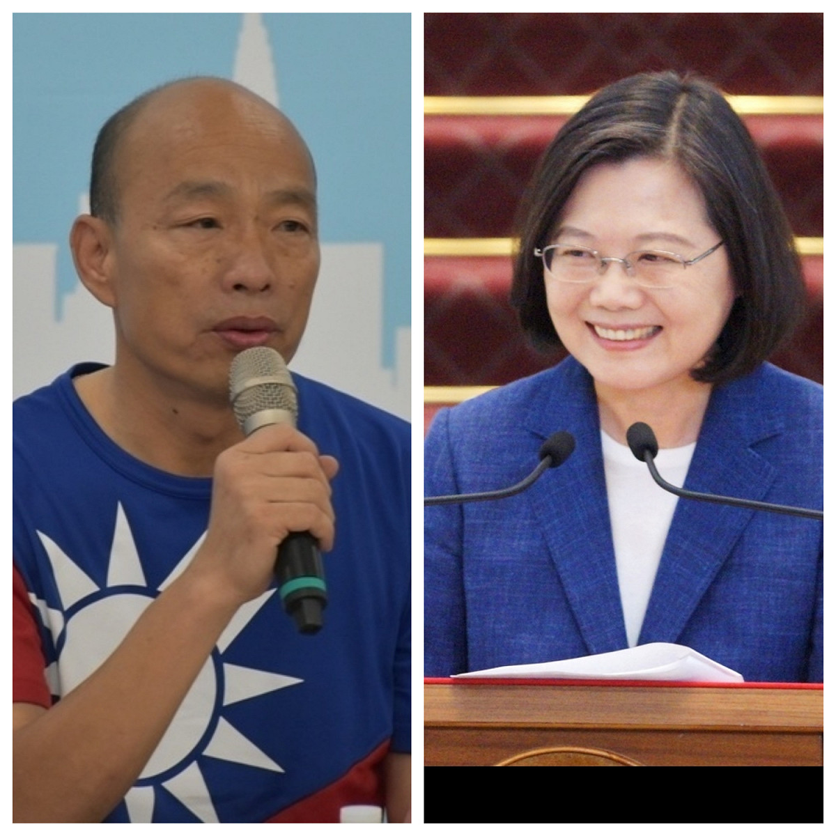 國民黨總統參選人韓國瑜（左）痛批總統蔡英文（右）與民進黨只會操弄亡國感，不敢在中國高官前稱台灣為中華民國，引起民進黨主席卓榮泰反嗆，請韓不要只會內銷、不敢外銷。 圖：新頭殼製作