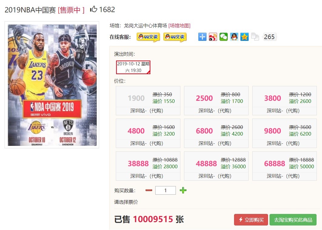 據了解NBA深圳賽事的門票已全數搶購一空，並未受到抵制風波影響，且網路上出現許多黃牛票。 圖：翻攝自piaotuanwang.com
