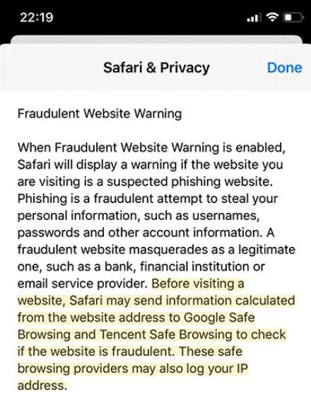 蘋果iOS 13用戶的Safari隱私權條款中指出，如有開啟「詐騙網站警告」功能，蘋果便會將用戶的瀏覽紀錄以及IP位址，傳送到「騰訊安全雲庫」、「Google瀏覽器」進行自動檢查。 圖：翻攝自外媒imore