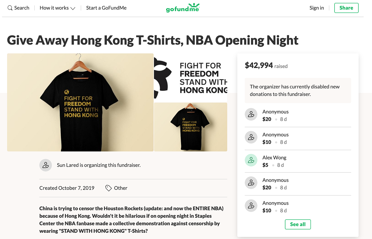 化名為Sun Lared的台裔美國球迷，在募資平台發起募款，製作挺反送中T恤，預計於NBA開幕戰發送。 翻攝自GoFundMe官網