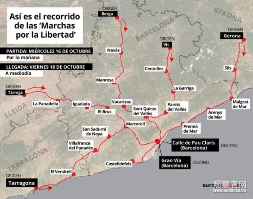 獨派策劃「為自由遊行（Marcha para la Libertad）」路線圖 圖：擷取自騰訊觀察者網