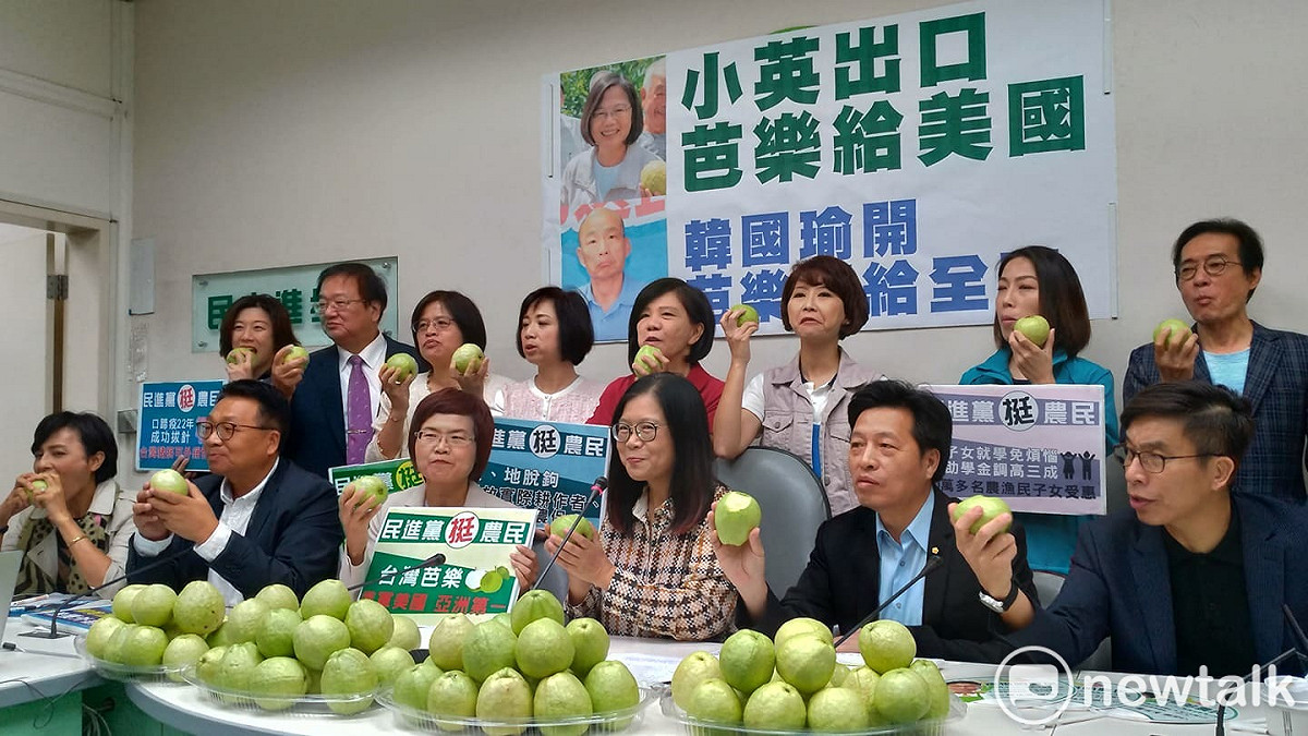 10多名綠委一起啃芭樂，宣傳政府農業政績。 圖:陳佩君/攝