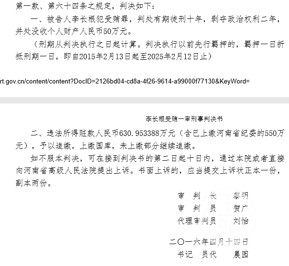 最終，法院依調查結果判處李長根十年有期徒刑。 圖 : 翻攝自中國裁判文書網