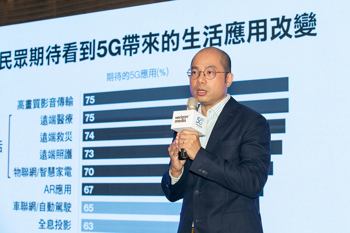Verizon Media國際消費者洞察暨數據分析總監蘇建勳分享《台灣消費者5G意願大調查》。 圖：Yahoo奇摩提供
