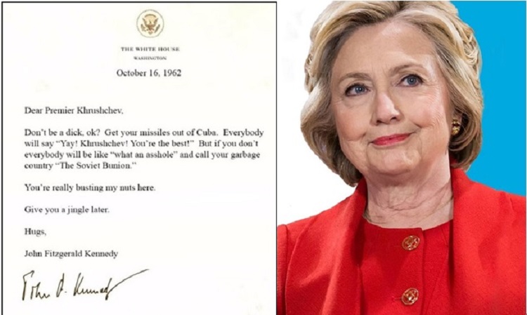 美國前國務卿希拉蕊在推特轉貼一封「惡搞信」嘲諷川普。 圖：翻攝Hillary Clinton推特 (新頭殼合成)