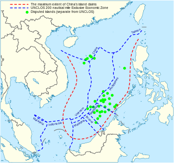 中國政府所宣稱的九段線，紅線部分。 圖 : 翻攝自維基百科