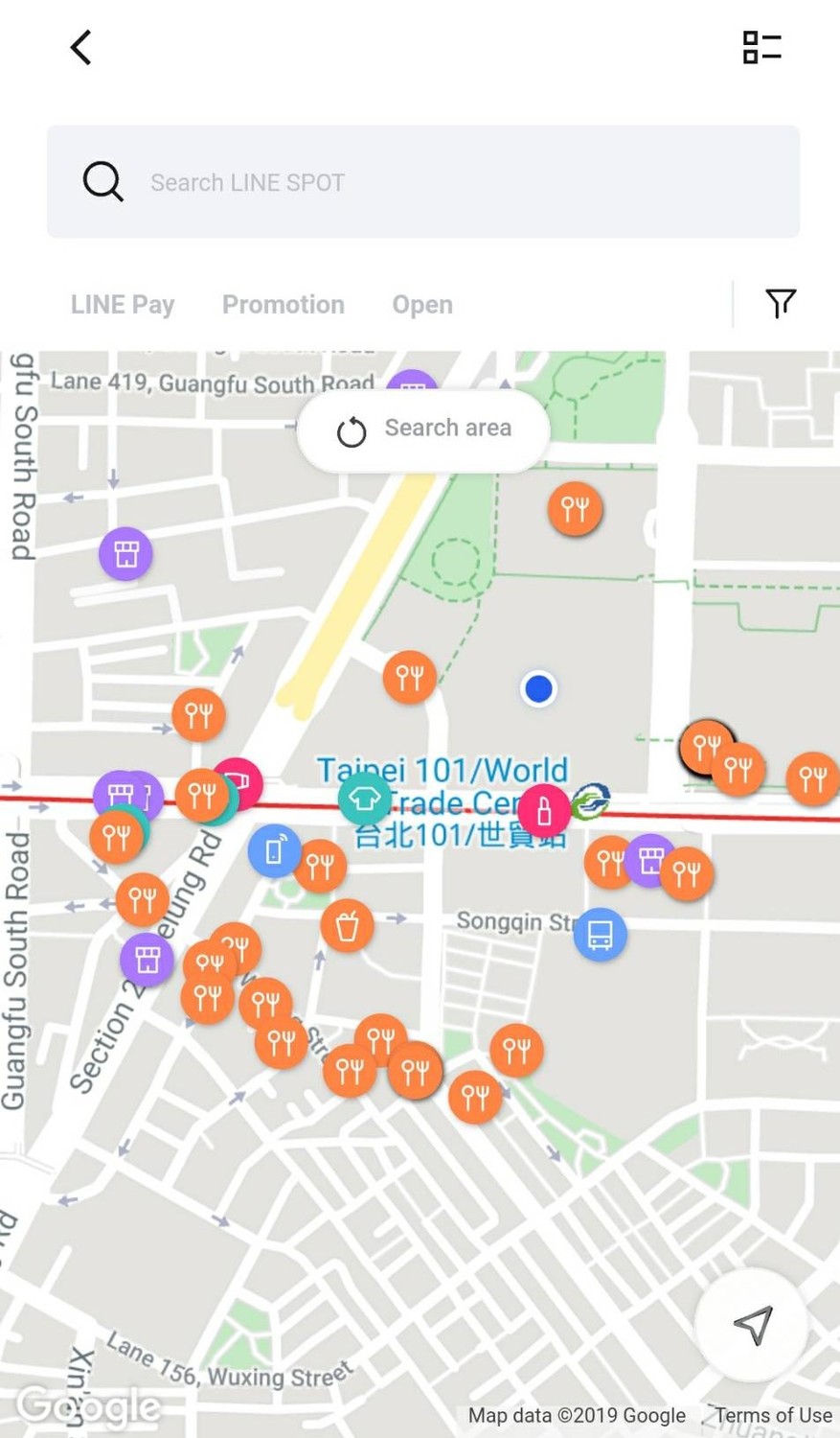 LINE SPOT使用 Google 地圖，搭配自身收錄的商家資訊，要做資訊整合平台。 圖：LINE截圖