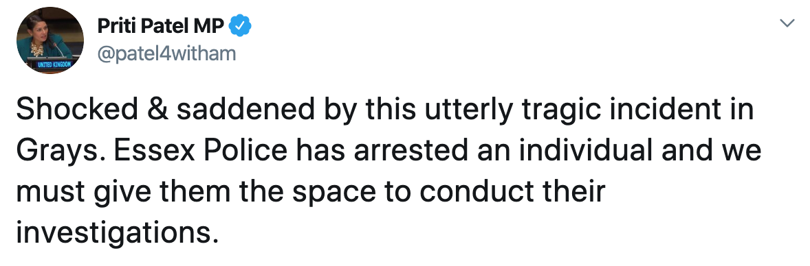 英國内政大臣普莉提·蘇希爾·巴特爾（Priti Sushil Patel）也對此案表示震驚。 翻攝自Priti Sushil Patel Twitter