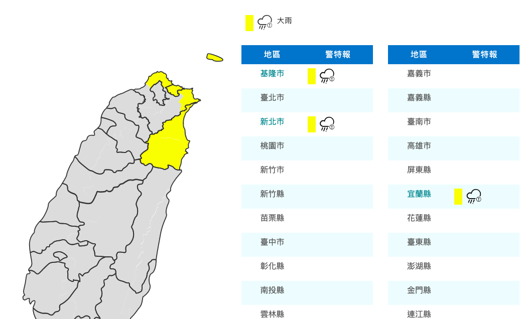 中央氣象局發布大雨特報。 圖／取自中央氣象局網站