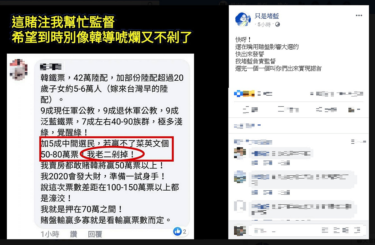 臉書粉專「只是堵藍」29日分享1張截圖，PO文者稱，韓至少可贏蔡英文50至80萬票，說若是沒贏到這票數，就要把自己的生殖器「剁掉」。 圖：翻攝只是堵藍臉書