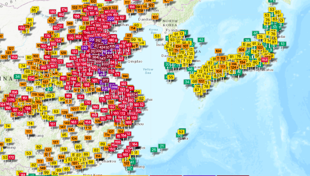 根據全球空氣監測網（GAIA）顯示，目前中國南邊測站幾乎都飆紅害，南京、安徽等地區更達紫爆等級。 圖：取自GAIA空氣品質監測站