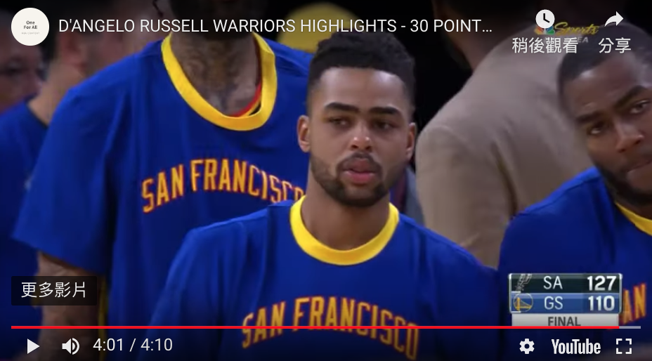 勇士新成員D'Angelo Russell。 圖／翻攝自YOUTUBE