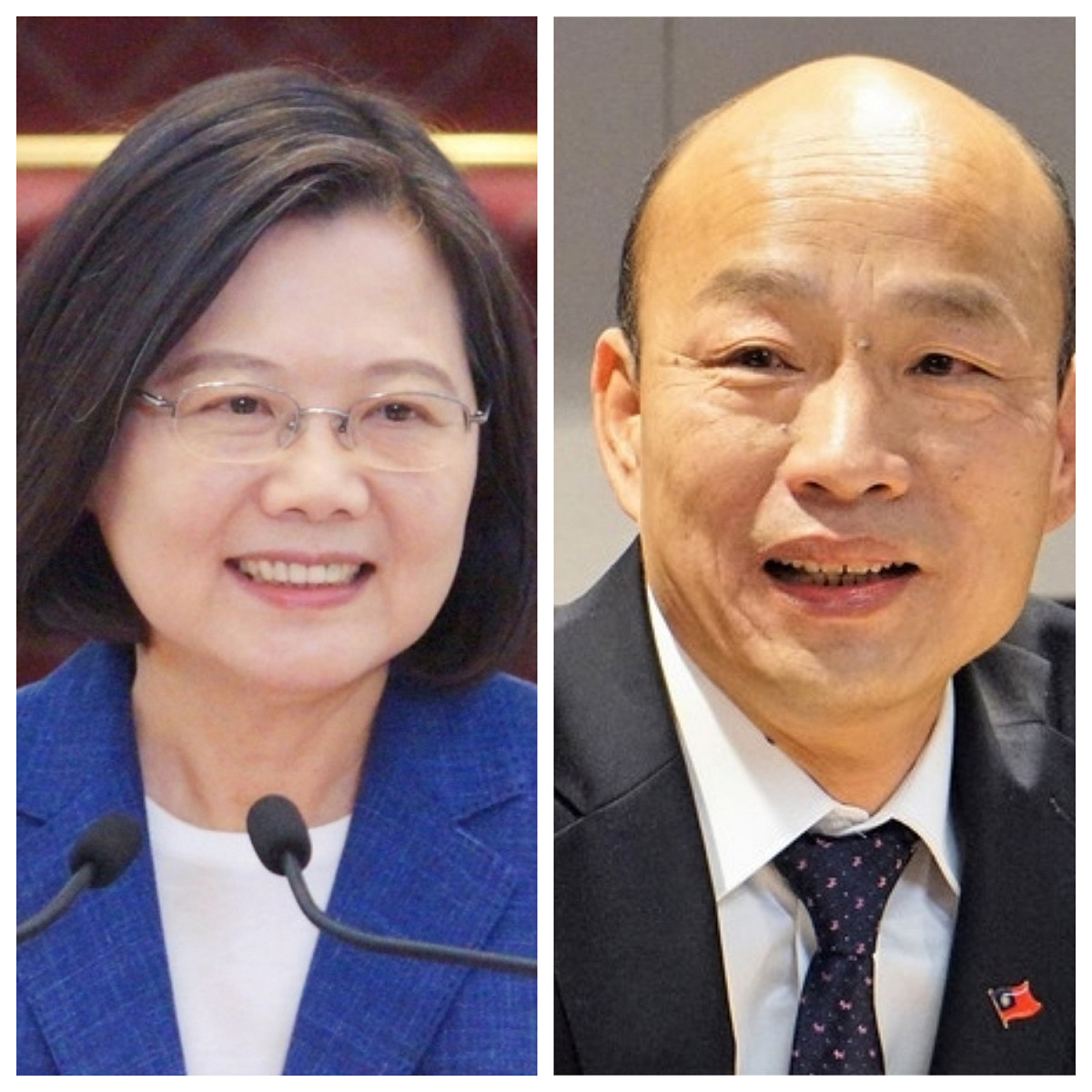 對於有媒體報導國民黨總統候選人韓國瑜（右）近期民調高漲，引起總統蔡英文（左）恐慌，甚至在競辦開會時動氣，蔡英文競選辦公室發言人阮昭雄今日澄清，報導非實情。 圖：新頭殼製作