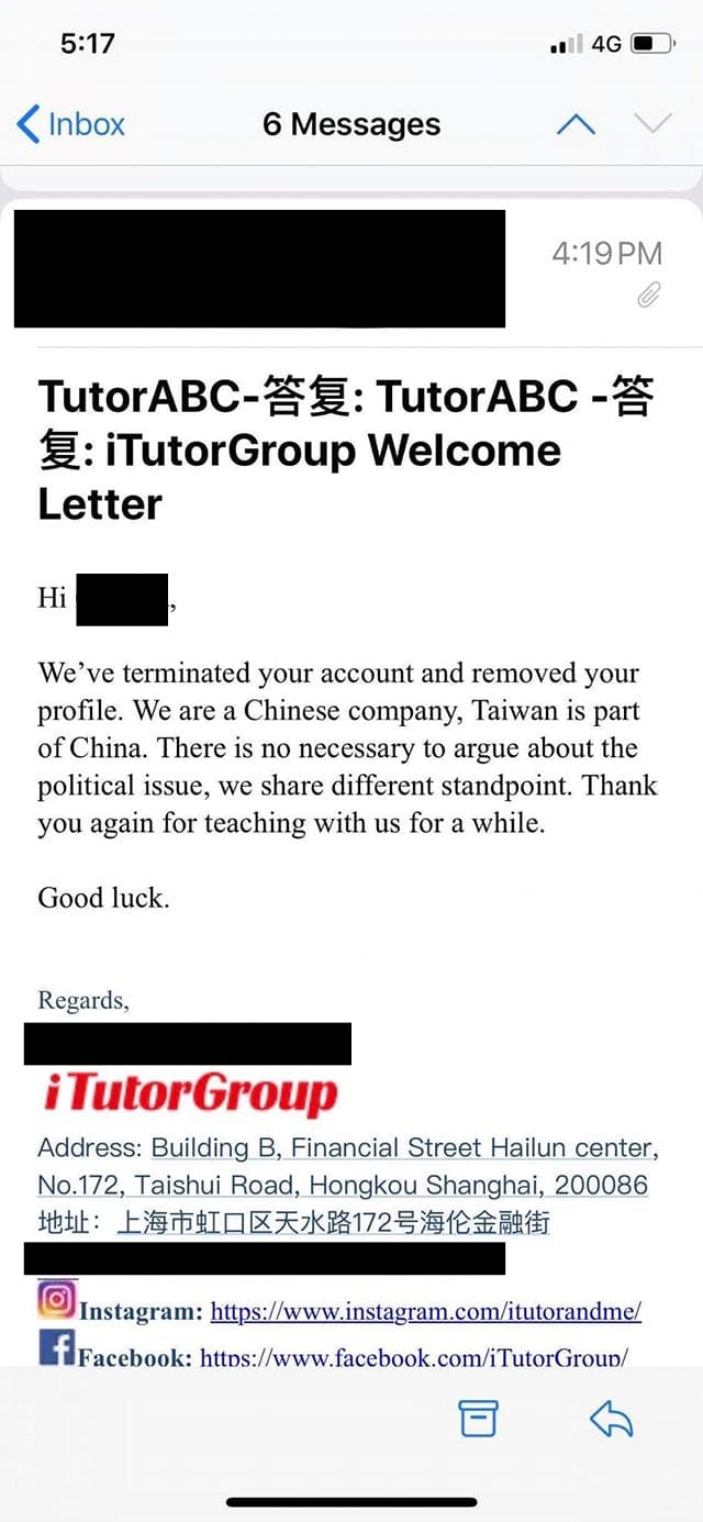 近來臉書流傳1張截圖，疑似TutorABC 的母集團「iTutorGroup」回信，決定終止某老師帳號。 圖：翻攝自臉書