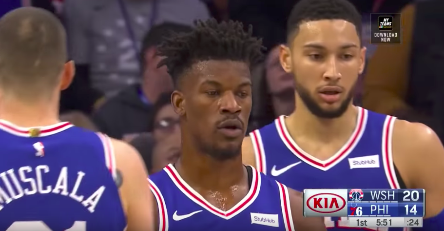 先前效力於費城76人的Jimmy Butler（中）本季被交易至熱火。 圖：擷取自Youtube