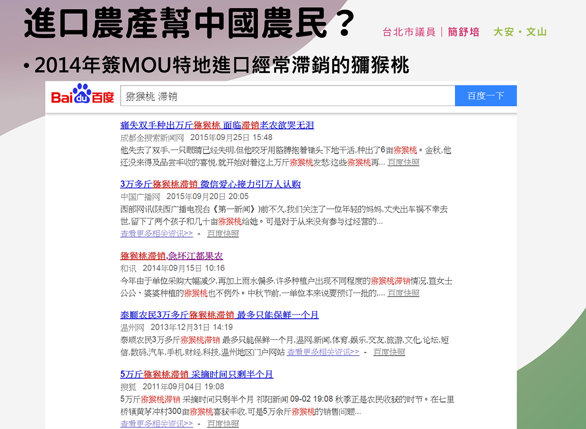 簡舒培質疑，韓國瑜進口中國滯銷的獼猴桃。 圖：簡舒培辦公室 / 提供