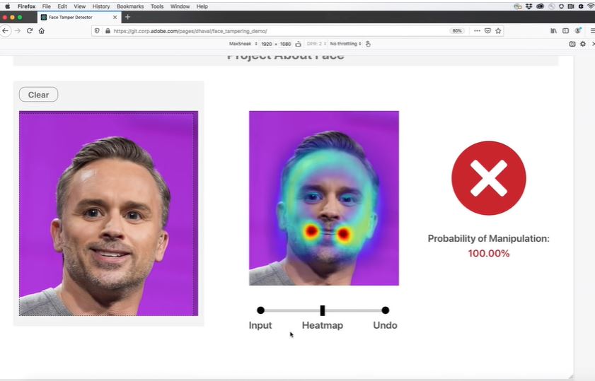 Adobe也公布一款「About Face」工具，可偵測出圖片是否經過Photoshop修圖，以及修圖的範圍。 圖：翻攝自Adobe Creative Cloud