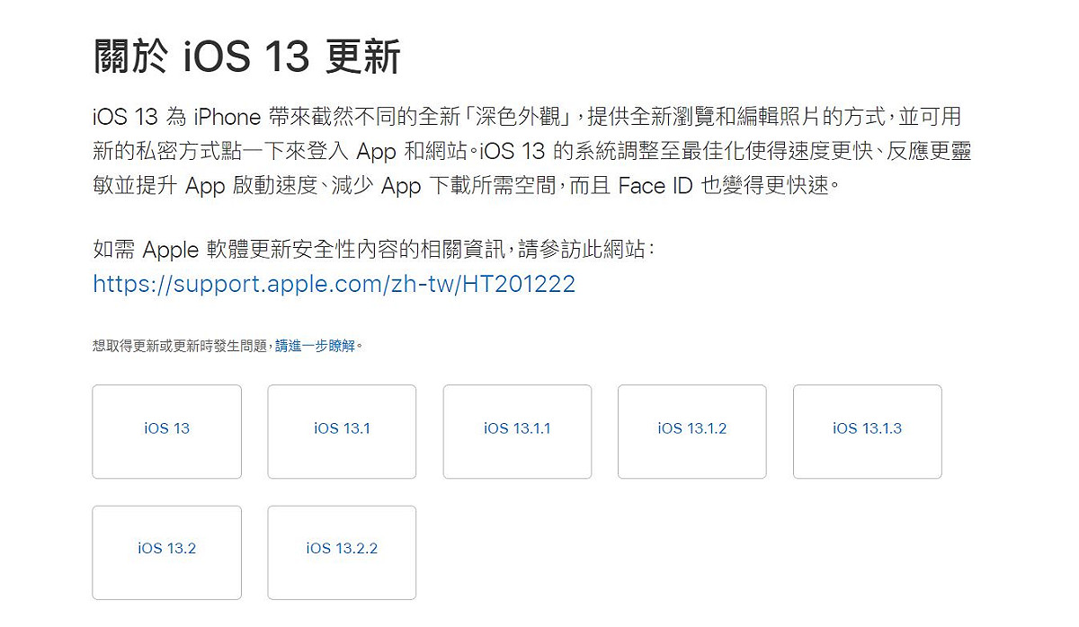 自iOS 13上線以來，蘋果已釋出多次系統更新，今天稍早也開放用戶下載iOS 13.2.2版本。 圖：翻攝自蘋果官網