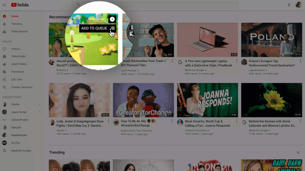 YouTube今稍早宣布，首頁介面將陸續改版更新，用戶只要按下新加入的「Add to queue」功能鍵，即可將影片排入臨時播放清單。 圖：翻攝自YouTube官網