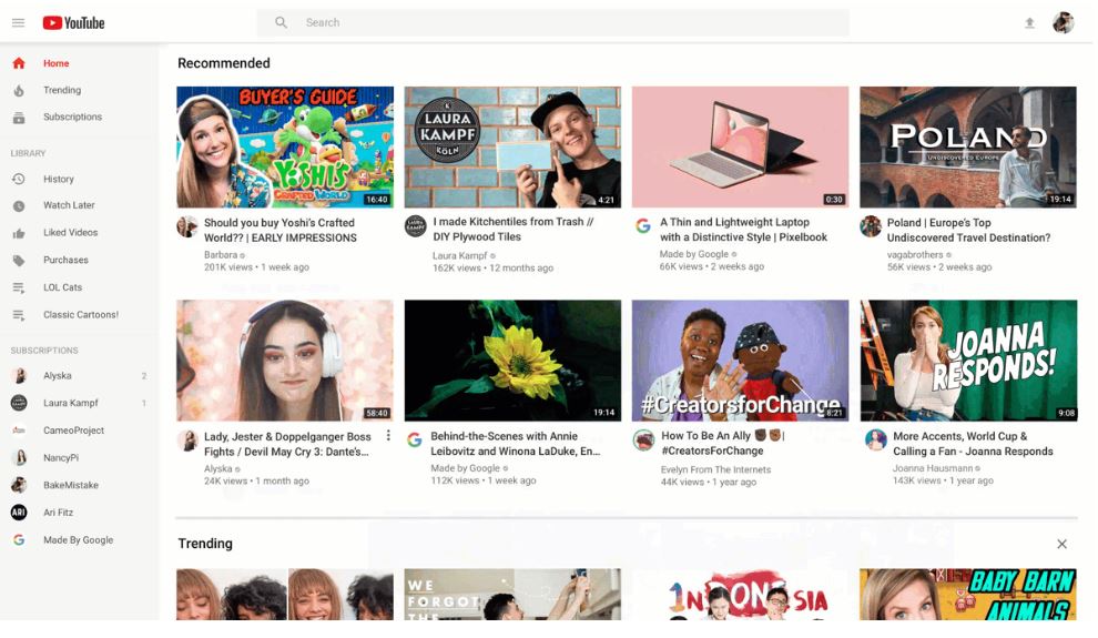 YouTube此次改版以首頁介面為主，縮圖面積會變得更大，YouTuber也能因此使用更長的影片標題，並在影片標題旁放上頻道Logo。 圖：翻攝自YouTube官網