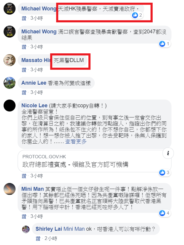 日前傳出港警輪姦少女導致懷孕逼迫墮胎，港民紛紛留言怒批港警爆行 圖：翻攝自臉書巴打絲打社團