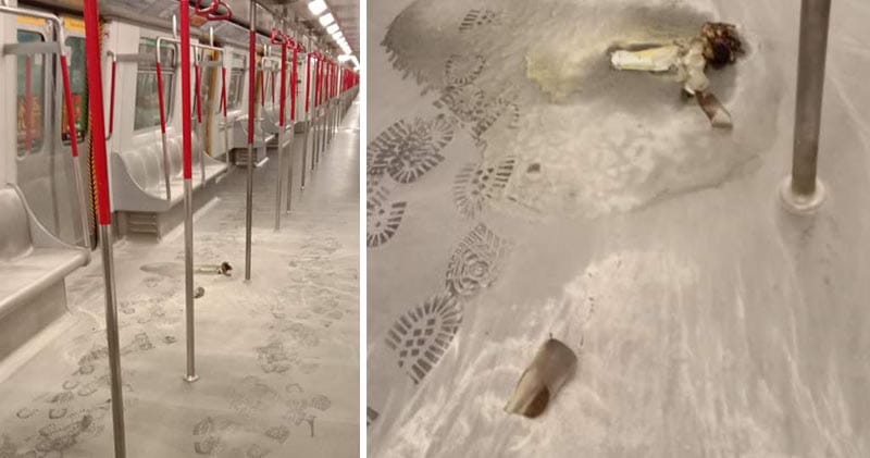 港鐵葵芳站有人列車車廂內縱火，救火後車廂畫面。 圖：港鐵提供