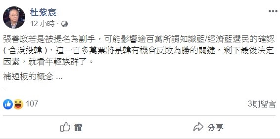 對於「韓張配」的組合，中華大學講座教授杜紫宸表示，可能會影響逾百萬的選票，這將是韓國瑜有機會反敗為勝的關鍵。 圖：翻攝自杜紫宸臉書