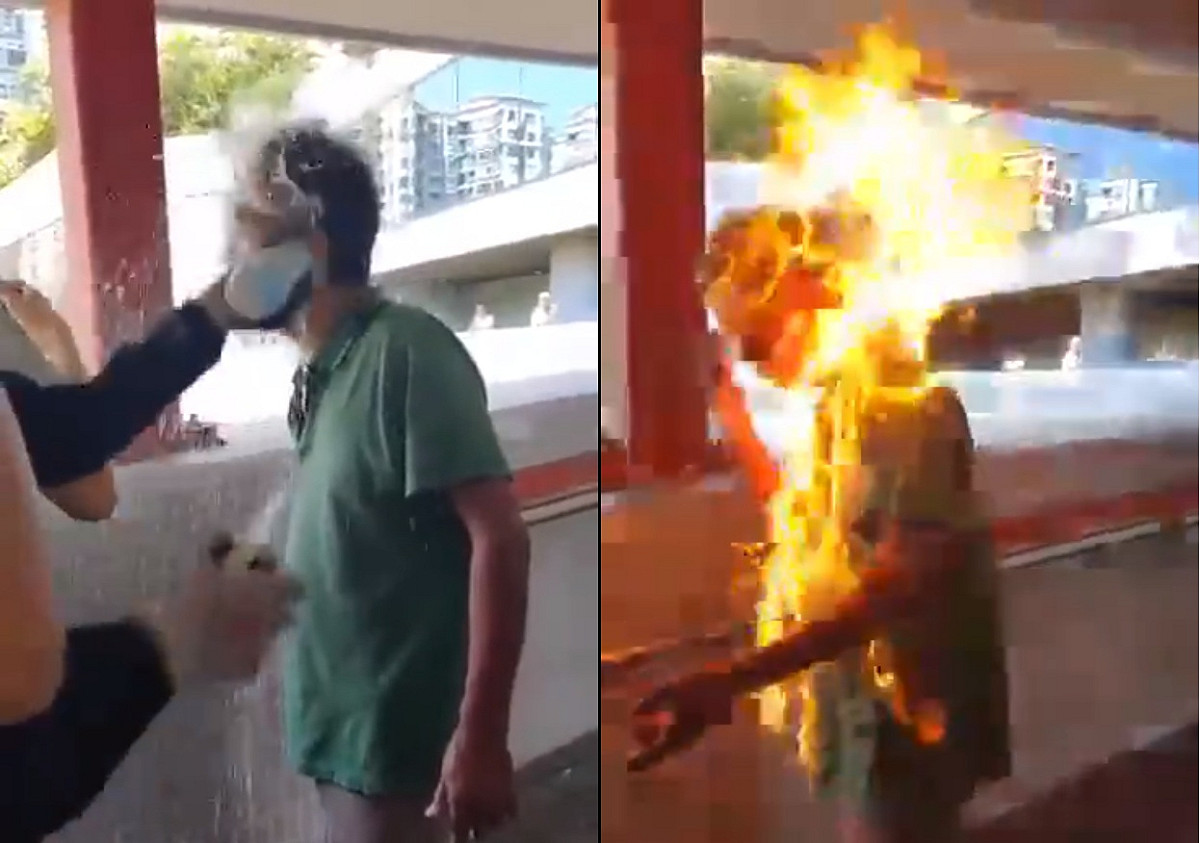 香港馬鞍山廣場行人天橋傳有意見不同，被澆淋易燃液體後點火，全身起火。 圖：翻攝香港小兔兔微博/新頭殼合成