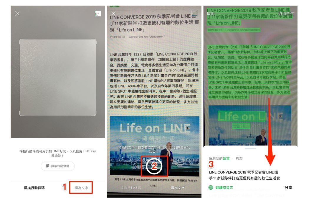 LINE此次更新，增加全新「翻譯」功能，一鍵掃描即可支援多國語言。 圖：翻攝自LINE官方部落格