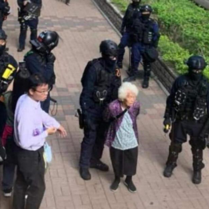 港警逮捕滿頭白髮的老奶奶。 圖：翻攝自廖亦武推特