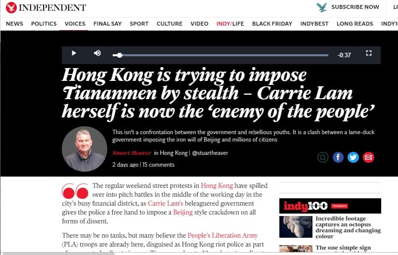 獨立撰稿人希佛在英國《獨立報》發表文章，指香港警察7月以來平均身高增加10公分，天安門屠殺已經秘密開始。 圖：翻攝自英國《獨立報》