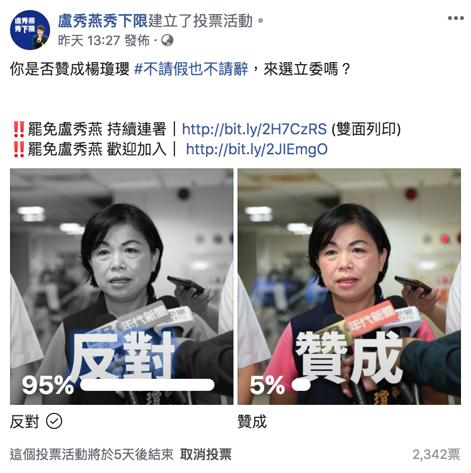 臉書粉專「盧秀燕秀下限」昨（14）進行「你是否贊成楊瓊瓔不請假也不請辭，來選立委嗎？」網路投票 圖：翻攝自「盧秀燕秀下限」臉書