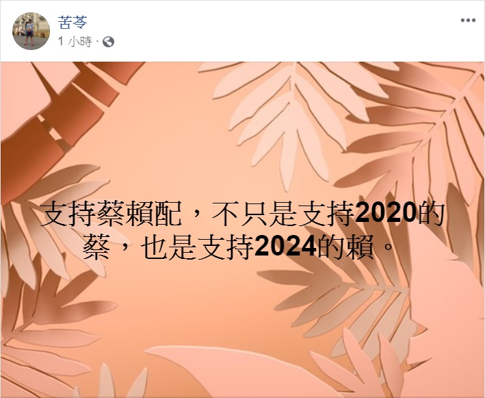 作家苦苓臉書PO文支持蔡賴配。 圖：翻攝苦苓臉書