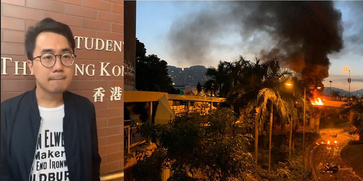 理大學生校董李傲然(左)，18日指控警方水炮車攻擊，造成至少3人眼部受傷，另有約40人產生「低溫症」，而且校內並無足夠資源和急救人員處理傷者。 圖：翻攝理大學生會、城市廣播臉書/新頭殼合成