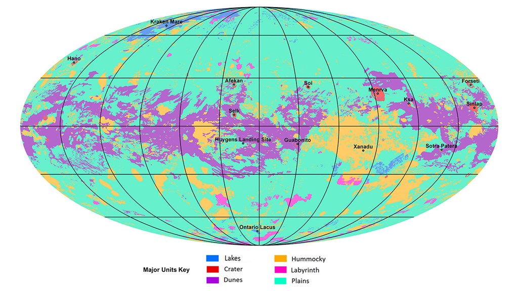 美國國家航空暨太空總署（NASA）今天公布了第一張土星最大衛星泰坦（Titan，又稱土衛六）的全球地圖。 圖：截取自NASA官網