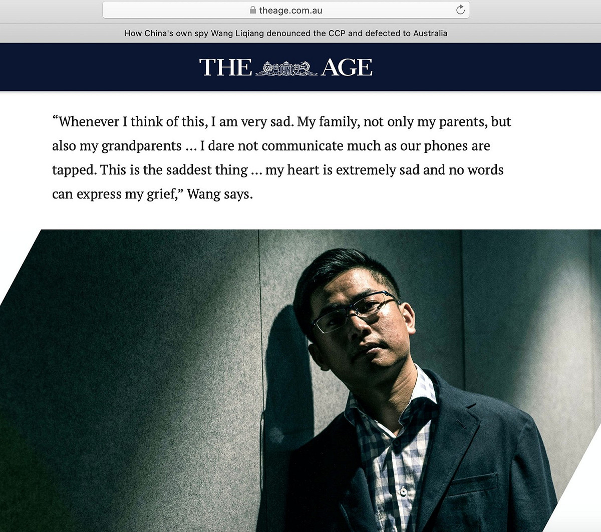中國間諜「王力強」(音譯)，向澳洲政府投誠。日前他接受澳洲世紀報（The Age）訪問，表示中國政府試圖滲透台灣政治，而自己也因為間諜工作長時間無法正常與家人聯繫。 圖/文：取自澳洲世紀報（The Age）網站