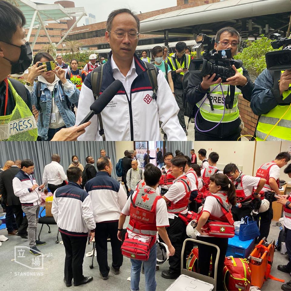 理大副校長衛炳江帶領約50人進入校園，進行「掃樓」行動，嘗試勸「留守者」離開。 圖：翻攝Stand News 立場新聞臉書