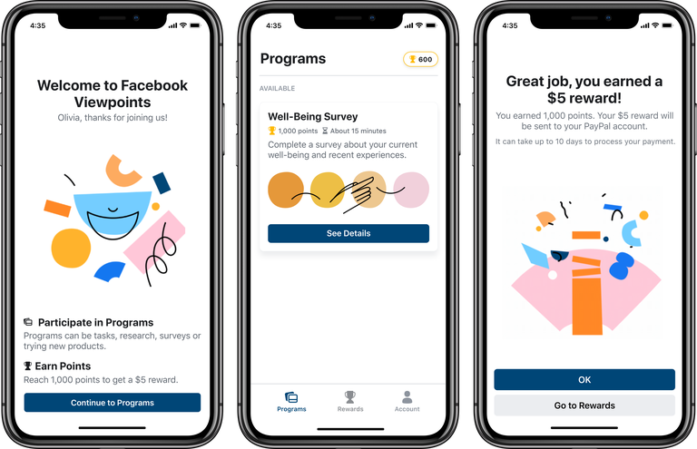 臉書（Facebook）推出一款新的手機應用程式「Viewpoints」，為了調查使用者意見，官方透過付錢吸引用戶參加問卷調查。 圖：截取自臉書官網