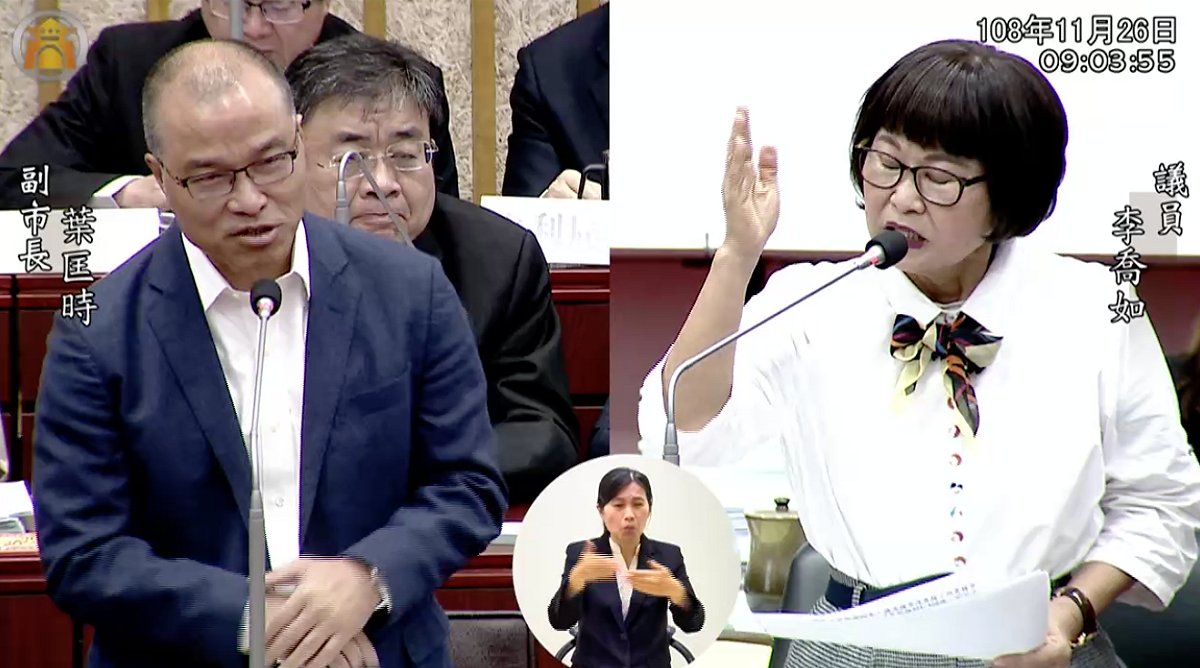 民進黨高雄市議員李喬如(右)批副市長葉匡時白目起鬨。 圖：翻攝自高雄市議會議員市政總質詢影片