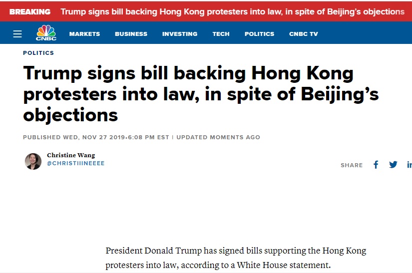 美國媒體報導，白宮發出聲明，指總統川普已經簽署挺香港法案。 圖：翻攝自美國CNBC