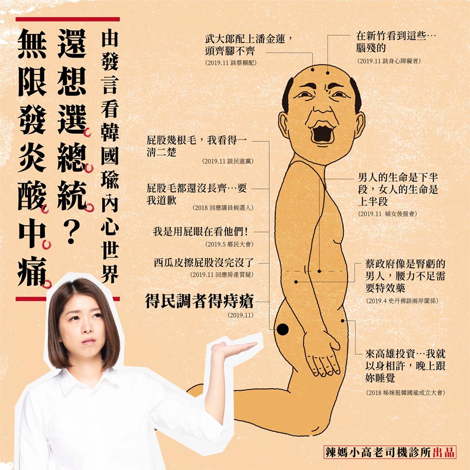 時代力量新竹市立委參選人高鈺婷在臉書PO出一張圖片，批判韓國瑜所有的歧視言論。 圖 : 翻攝自高鈺婷臉書