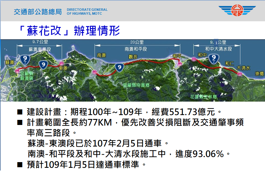 蘇花改辦理情形。 圖：公路總局提供