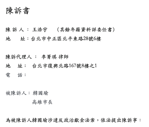 桃園議員王浩宇今(29)日赴監察院檢舉韓國瑜違反《政治獻金法》。 圖：翻攝自王浩宇臉書