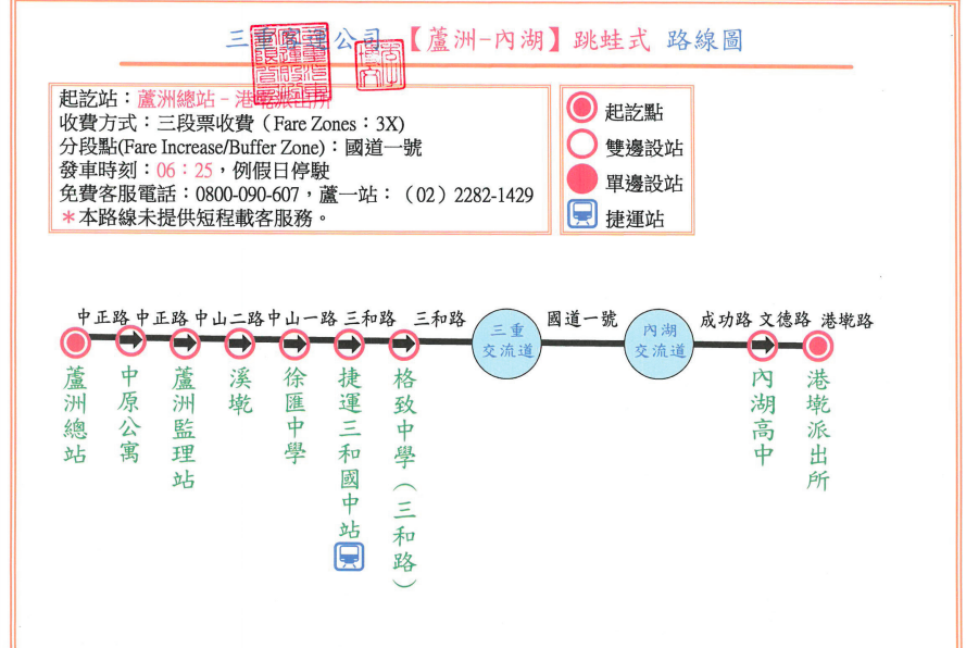 「蘆洲－內湖」跳蛙公車路線 圖：新北市交通局/提供